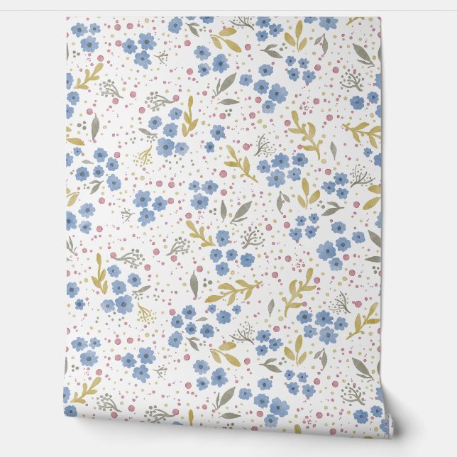 Papel Pintado Blue Blossoms Watercolor Seamless Pattern (Desenrollar)