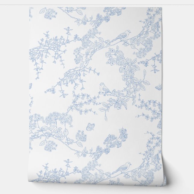 Papel Pintado Blue Chinoiserie Toile de Jouy Birds Floral Garden (Desenrollar)