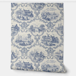 Papel Pintado Blue Coastal Village Toile Nautical French Country