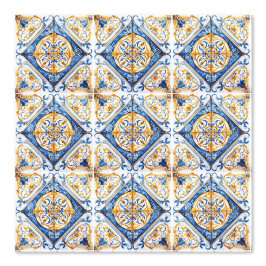 Papel Pintado Blue Gold & White Talavera Azulejo Look Tile