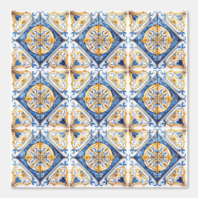 Papel Pintado Blue Gold & White Talavera Azulejo Look Tile (Anverso)