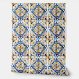 Papel Pintado Blue Gold & White Talavera Azulejo Look Tile