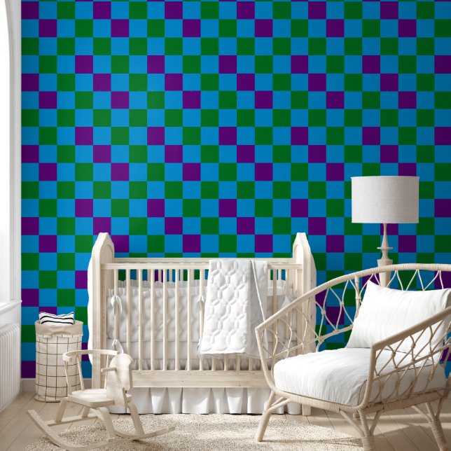 Papel Pintado Blue Green Purple Checkered Pattern Design  (Niños)