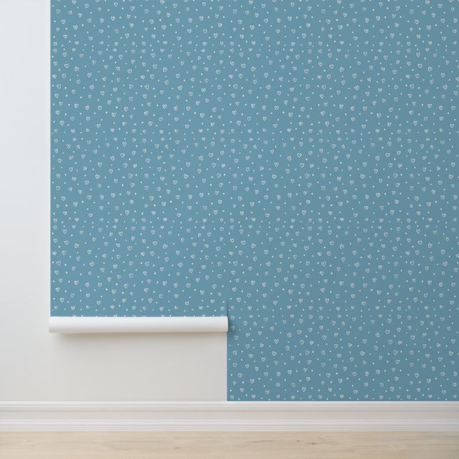 Papel Pintado Blue Hearts & Dots Pattern – Cute Hand-Drawn Desig (Solicitud)