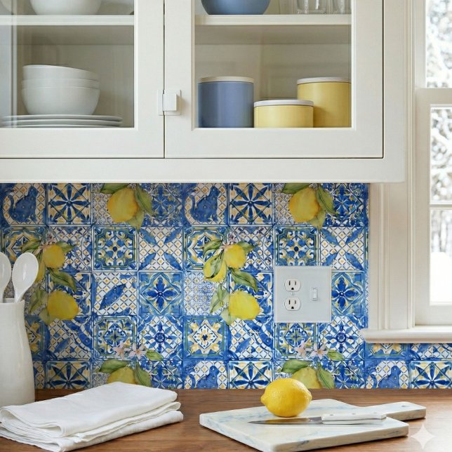 Papel Pintado Blue Tile French Country Lemon Pattern Home Decor (Subido por el creador)