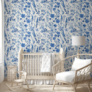Papel Pintado Blue Toile De Jouy Vintage Floral