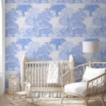 Blue Toile Jungle Animals Safari Chinoiserie Boy
