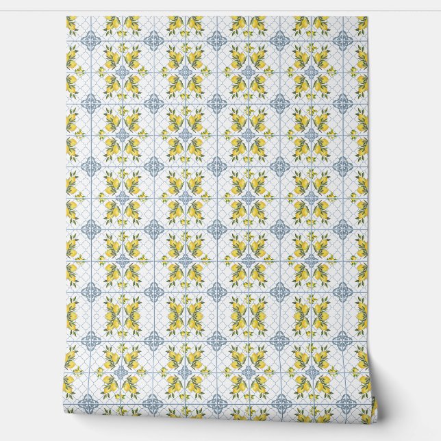 Papel Pintado Blue Watercolor French Country Lemon (Desenrollar)