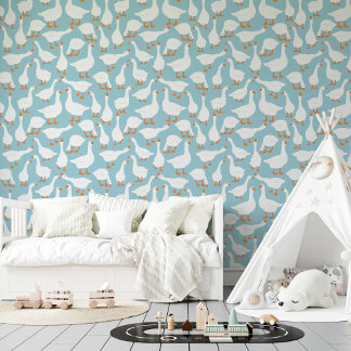 Papel Pintado Blue White Fun Geese Seamless Pattern