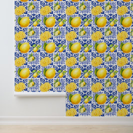 Papel Pintado Blue White Lemon Pattern Mediterranean Citrus