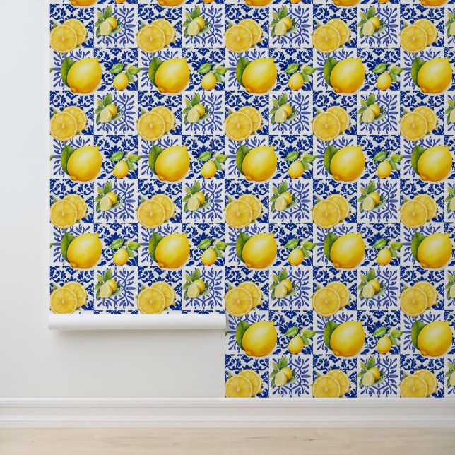 Papel Pintado Blue White Lemon Pattern Mediterranean Citrus (Solicitud)