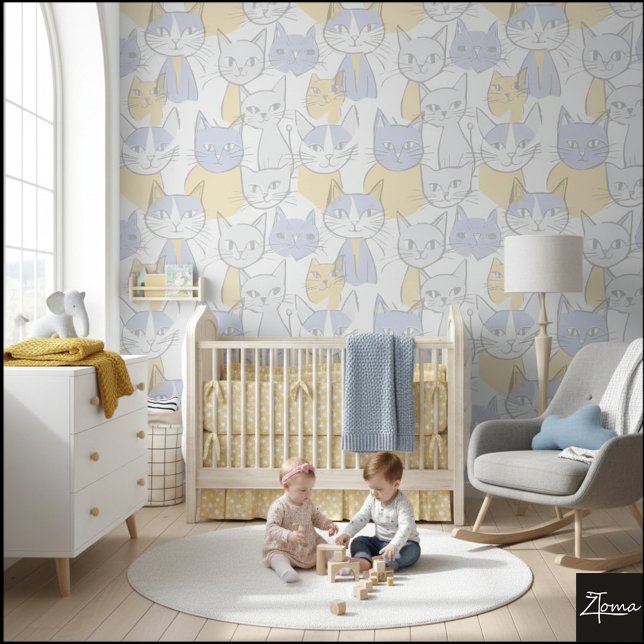 Papel Pintado Blue Yellow Mid-Century Abstract Cat Pattern (Subido por el creador)