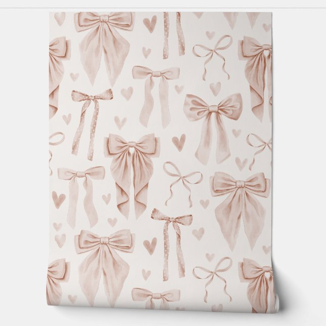 Papel Pintado Blush Pink Bows and Hearts Hand-Drawn (Desenrollar)