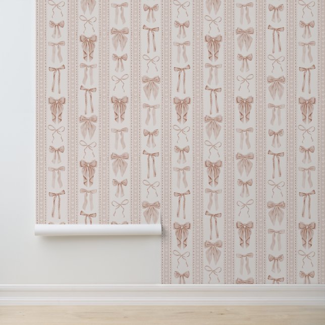Papel Pintado Blush Pink Bows and Lace in Vertical Stripes (Solicitud)