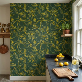 Papel Pintado Boceto de limón amarillo sobre verde oscuro