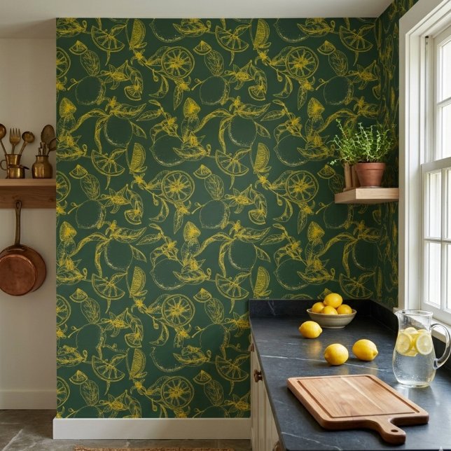 Papel Pintado Boceto de limón amarillo sobre verde oscuro (Subido por el creador)