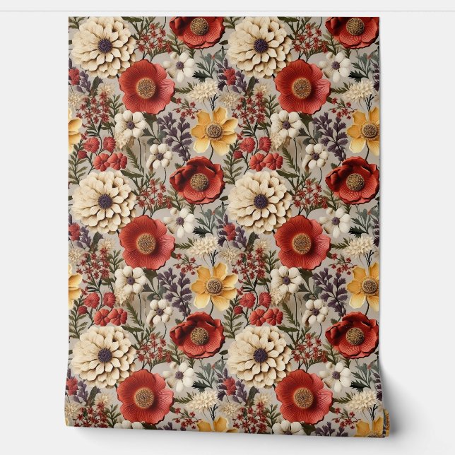 Papel Pintado Boho caída flores silvestres óxido de cobre burgun (Desenrollar)