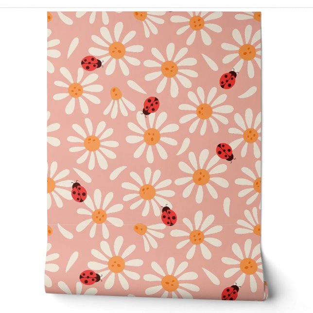 Papel Pintado Boho Chinches Rosadas y Margaritas (Desenrollar)