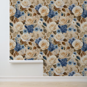 Papel Pintado Boho Cottage Core White Roses Blue Floral