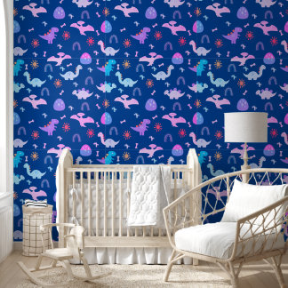 Papel Pintado Boho Dinosaurios Colorful Dark Nursery Azul
