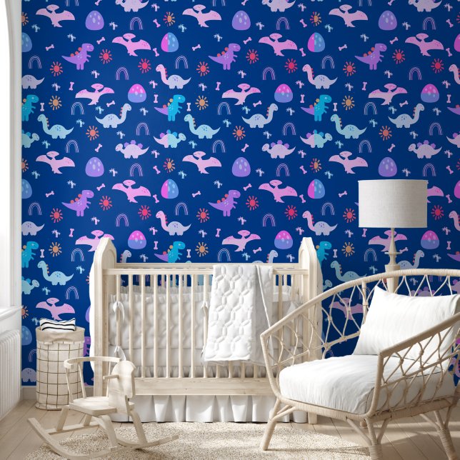 Papel Pintado Boho Dinosaurios Colorful Dark Nursery Azul (Niños)
