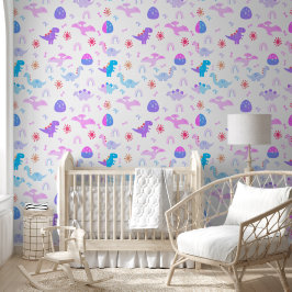 Papel Pintado Boho Dinosaurios Nursera Azul Púrpura Rosa