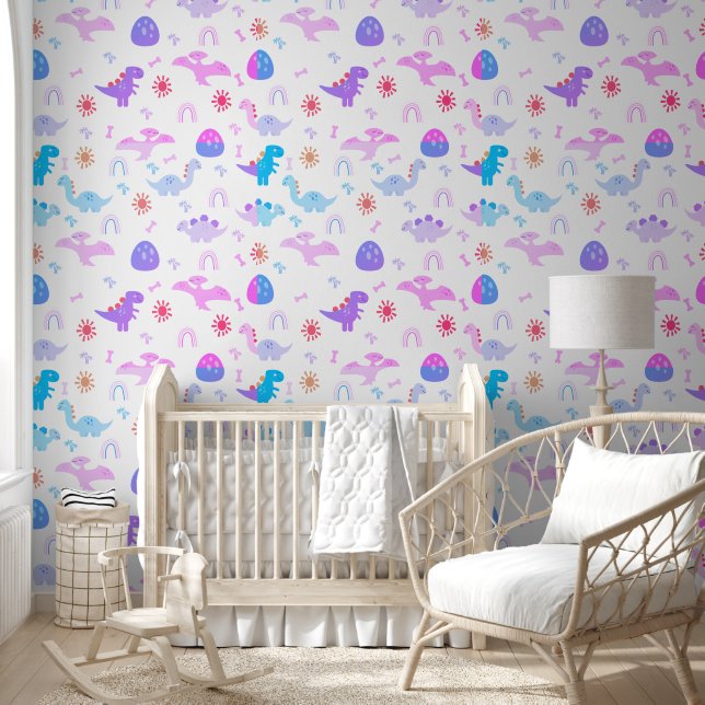 Papel Pintado Boho Dinosaurios Nursera Azul Púrpura Rosa (Niños)