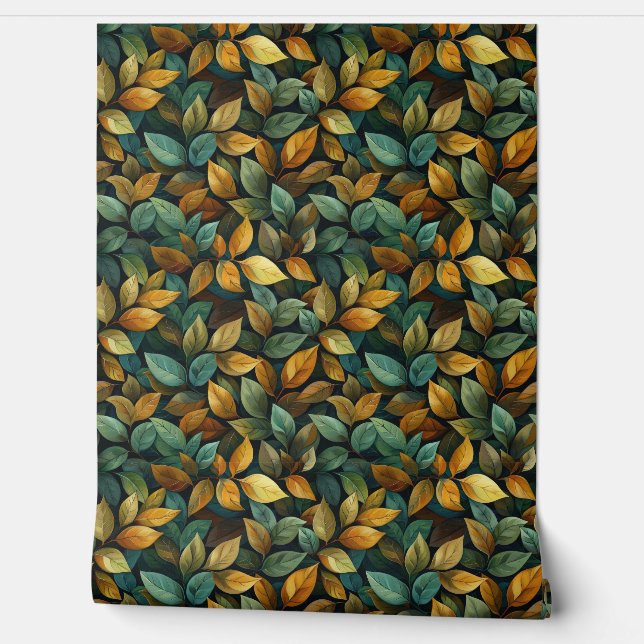 Papel Pintado Boho Elegant otoño hojas verde naranja amarillo (Desenrollar)