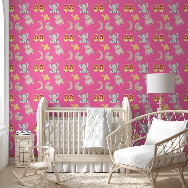 Papel Pintado Boho Elephant Moon Buggy Chica rosa brillante Nurs (Niños)