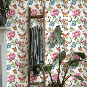 Papel Pintado Boho Floral Occidental Cráneo de Vaca Mariposas