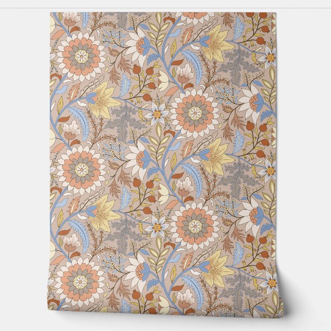 Papel Pintado Boho Indio floral con fondo de mocha (Desenrollar)