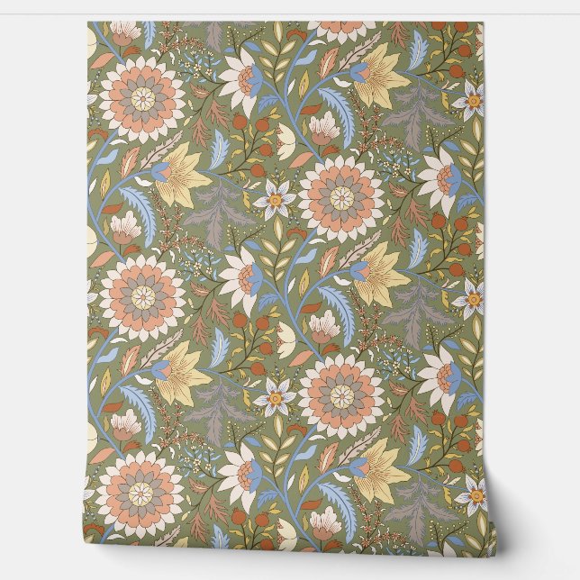 Papel Pintado Boho Indio floral de fondo verde oliva (Desenrollar)