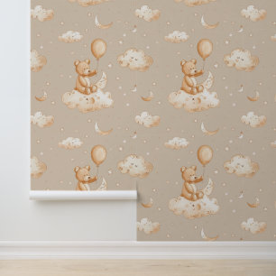 Papel Pintado Boho Nursery Teddy Bear con globo en la nube