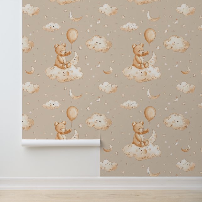 Papel Pintado Boho Nursery Teddy Bear con globo en la nube (Solicitud)
