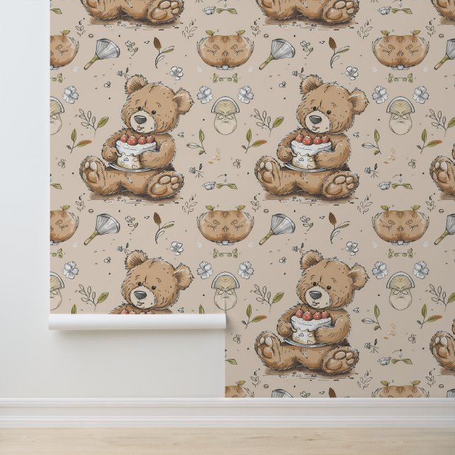 Papel Pintado Boho Nursery Teddy Bear con pastel (Solicitud)