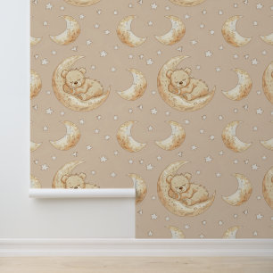 Papel Pintado Boho Nursery Teddy Oso durmiendo en la luna