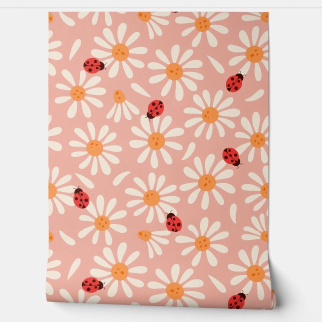 Papel Pintado Boho Pink Ladybugs and Daisies (Desenrollar)