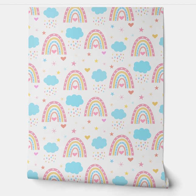Papel Pintado Boho rainbow pattern with clouds pastel Nursery  (Desenrollar)