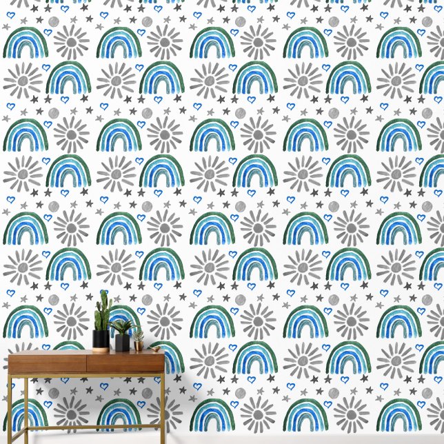 Papel Pintado Boho Rainbow Sun Blue Baby Boy Niños (Pasillo)