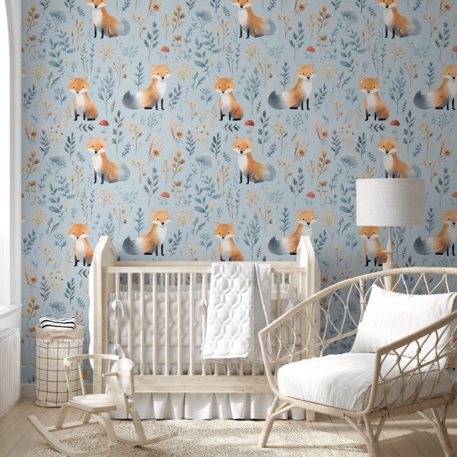 Papel Pintado Boho Red Fox sobre la guardería azul para bebés (Niños)