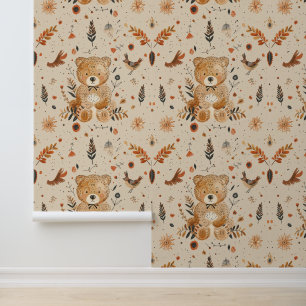 Papel Pintado Boho Rustic Floral Teddy Bear con oso