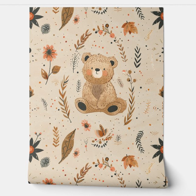 Papel Pintado Boho Teddy Patrón Oso Habitación de Nursera para B (Desenrollar)