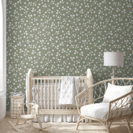 Papel Pintado Boho Verde con Floral Blanco Sin Costuras