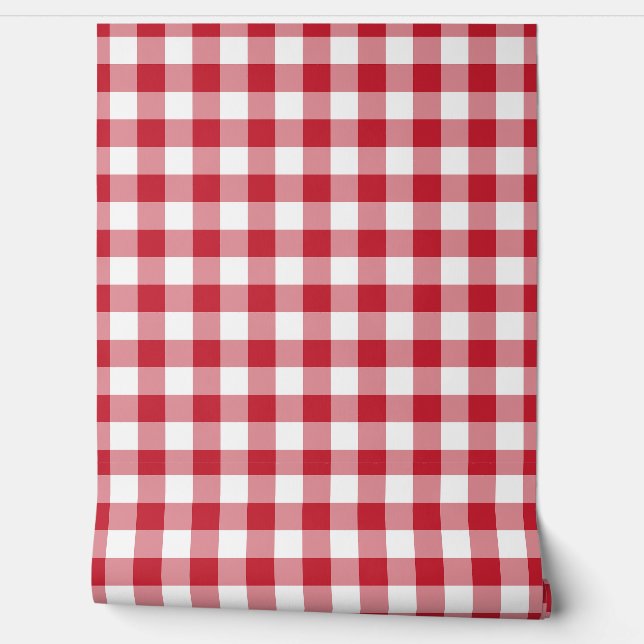Papel Pintado Bold Crimson Red Gingham Check Green Buffalo Plaid (Desenrollar)
