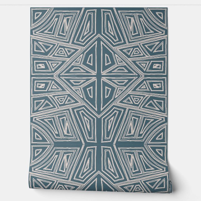 Papel Pintado Bold Lines - Symmetrical Tile - Teal and Beige  (Desenrollar)