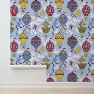 Papel Pintado Bon Voyage Globos de aire caliente azul amarillo y