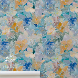 Papel Pintado Bonito Floral color de agua azul y amarillo