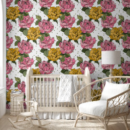 Papel Pintado Bonito floral en amarillo y rosa con puntos lindos