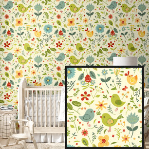 Papel Pintado Bonito Flores de primavera aves verdes en amarillo
