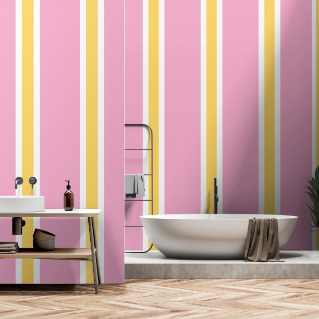 Papel Pintado Bonito moderno de estilo rayas blancas rosas amari (Baño)